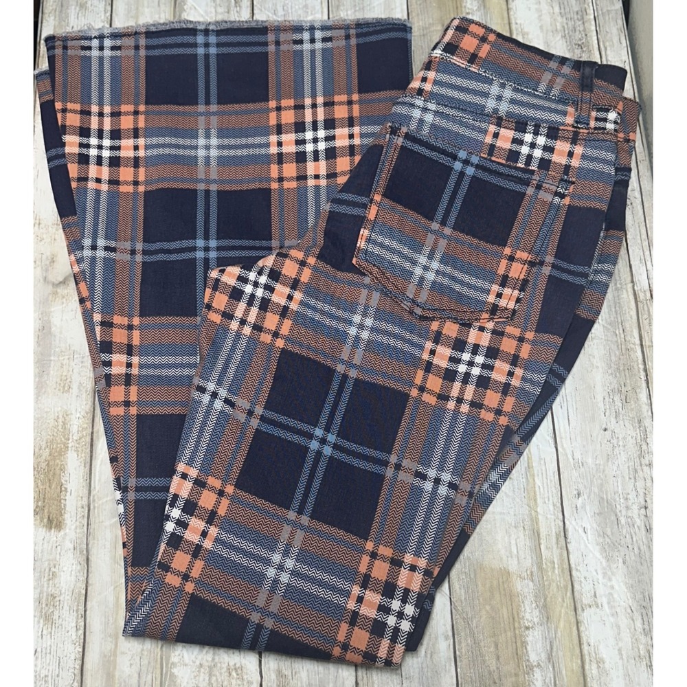 Madden Girl Carly Super High Rise Flare Plaid Pants Blue Orange Size‎ 27 NEW